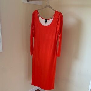 W5 Bright Orange Ribbed Long Sleeve Midi Dress